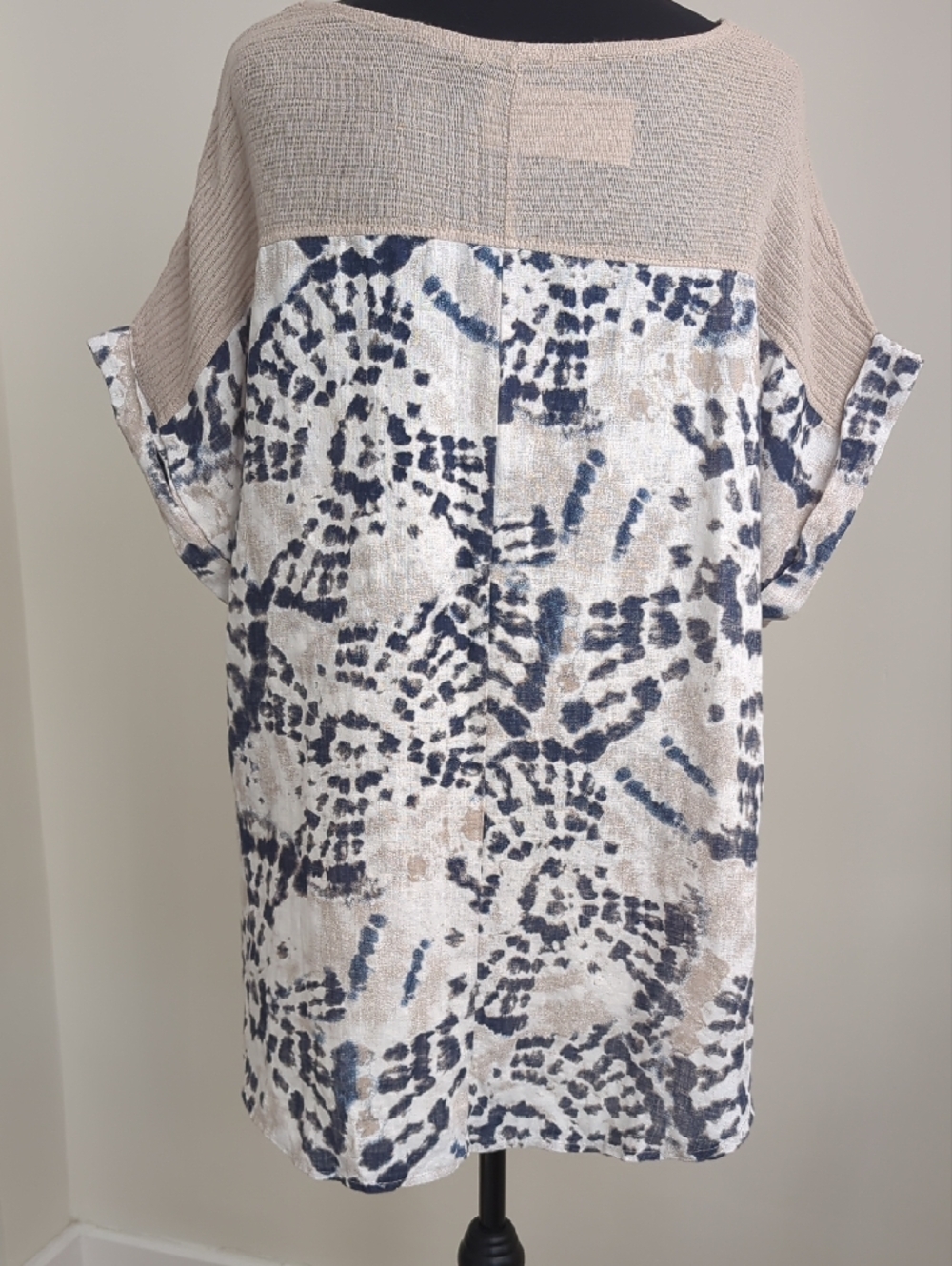 NWT Lungo L'Arno 100% Linen Tie-Dye Navy & Natural Mixed-Media Tunic - Picture 8 of 11
